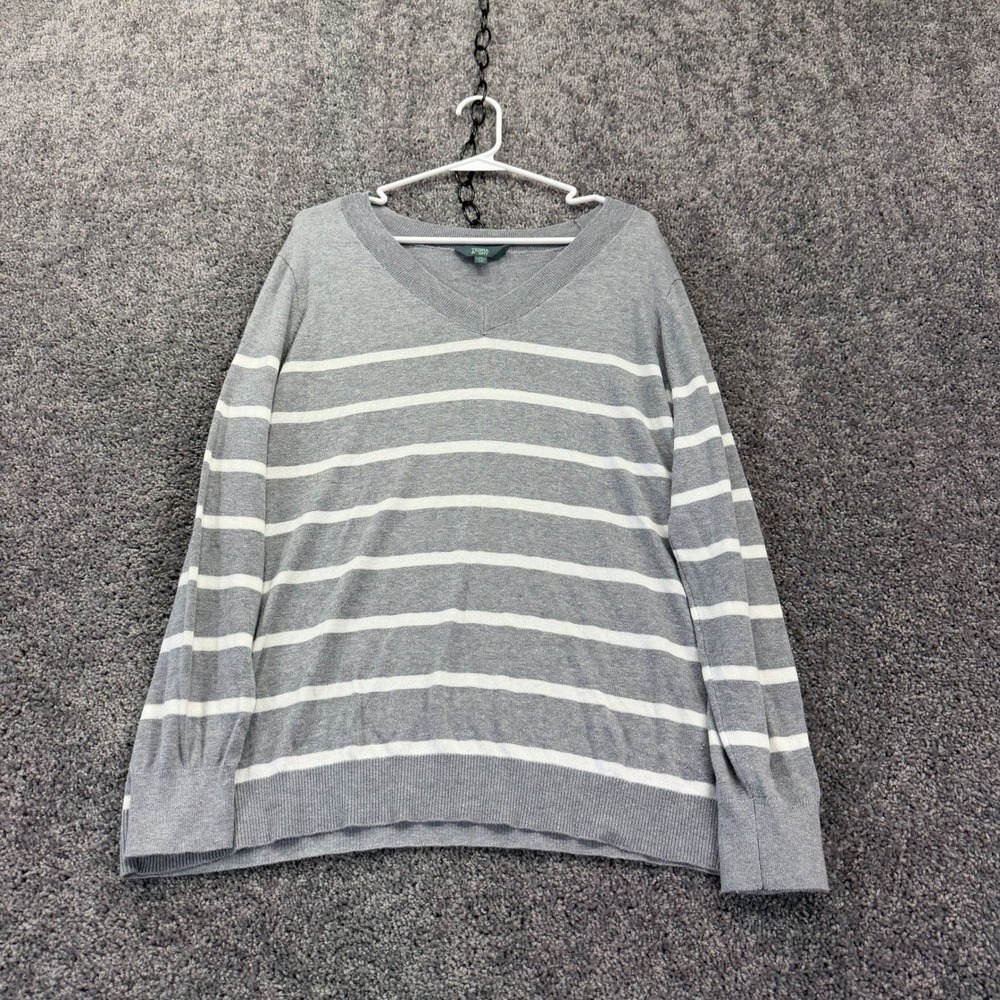 Terra & Sky Sweater Womens 1X Gray Striped V-Neck Pullover
